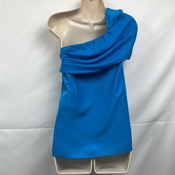 Baja East Blue One Shoulder top with frayed hem size 00 EUC - Picture 8 of 12